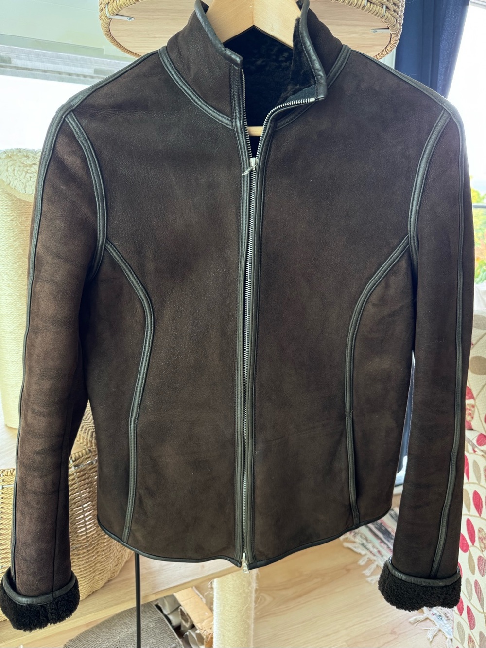 Ocean Drive Dark Brown Suede Leather Jacket with Shearling Trim